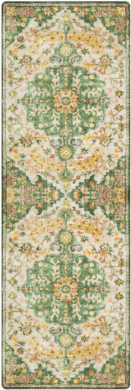 Lahome Bohemian 2x6 Washable Hallway Runner Rug, Kitchen Runner Rugs Non Skid Washable, Floral Medallion Soft Bathroom Carpet Runners for Laundry Room Bedroom Foyer Entryway, Yellow/Green/Multi