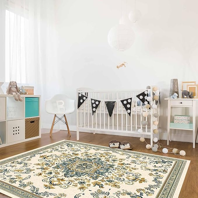 Bohemian Rectangular Area Rugs for Living Room Bedroom 5 x 6.9 ft Vintage Farmhouse Floral Pattern Non-Shedding Soft Low Pile Rug Non Slip Washable Rug for Nursery Entryway Playroom