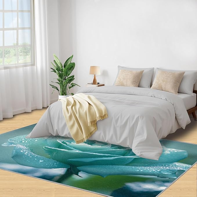 5x7 Blue-Rose Rugs for Bedroom - Realistic Florals Print Rug, Flowers Rug Non Slip Soft Rugs for Living Room Hardwood Floors Teen Room