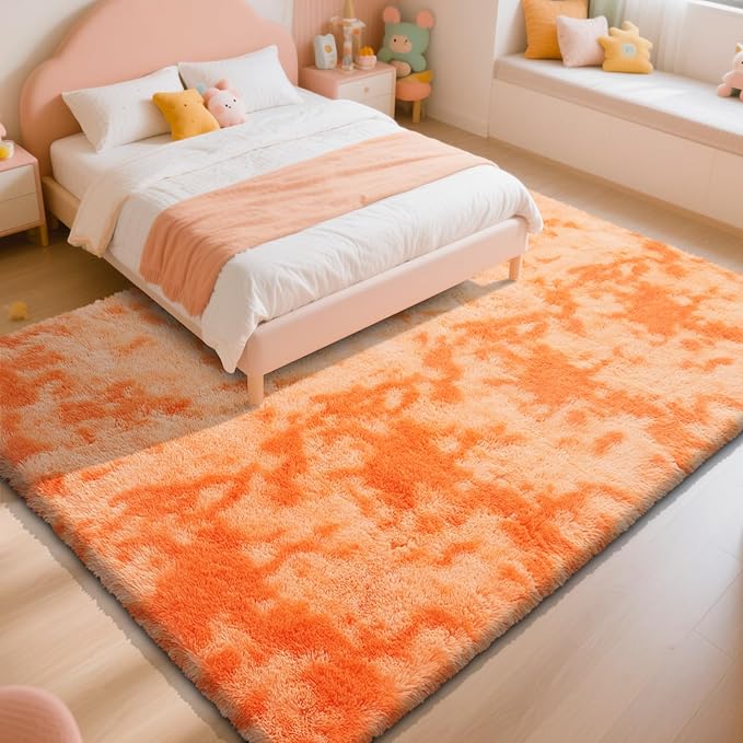Mottling Orange Fluffy Rug Shaggy Area Rug, 4x6 Area Rugs for Girls Bedroom, Soft Cute Baby Play Mat, Indoor Floor Carpet for Teen, Nursery, Preppy Dorm, Plush Aesthetic Bedside Rug