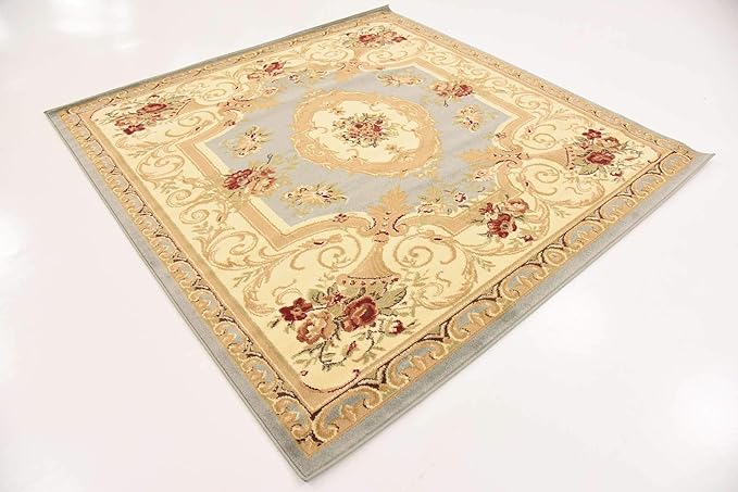 Unique Loom Versailles Collection Traditional Classic Floral Motif Area Rug (6' 0 x 6' 0 Square, Slate Blue/ Ivory)