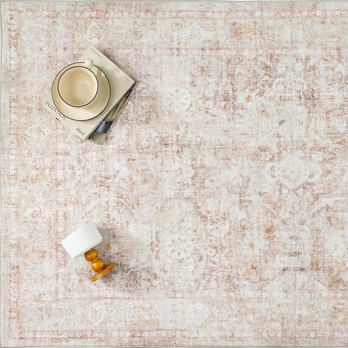 2x8 Beige Washable Runner Rug for Kitchen Hallway Neutral Soft Non Slip Rug Low Pile Vintage Distressed Carpet for Bathroom Bedroom Indoor Nursery
