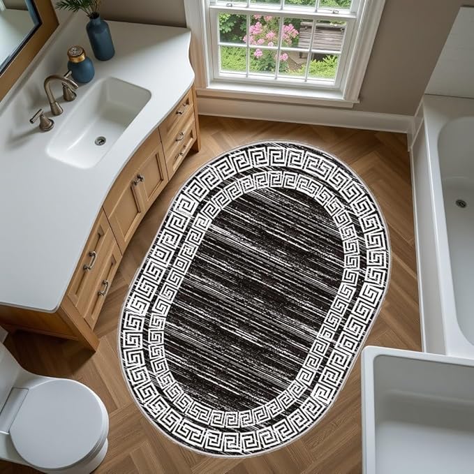 Minimalist Distressed Black Off White Greek Key Pattern Bordered Rug 5x8 for Liivng Room Bedroom Dining Room Soft Non Skid Washable Large Rugs Nursery Dorm Kitchen Rustic Classic Indoor Oval Carpet