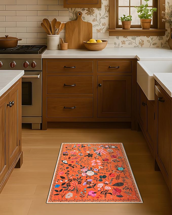 Boho Floral Entryway Rug 2x3, Washable Small Mat for Bathroom and Kitchen, Non Slip Front Door Mat Indoor Entrance, Vintage Style Flower Mat with Rubber Backing, Soft Area Rug for Entry Way (Orange)