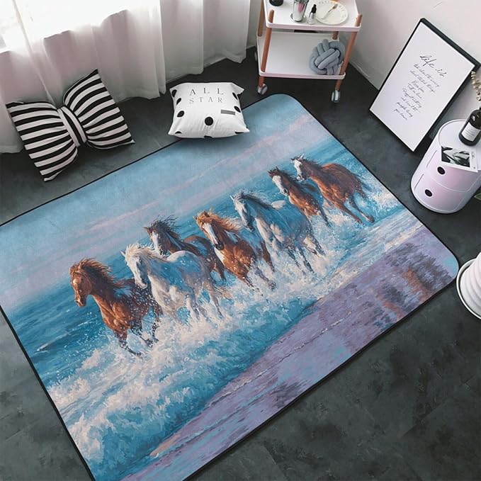 Horse Run Gallop in Waves Ocean Area Rug Washable Outdoor Rugs Anti-Slip Soft Carpet Entryway Indoor Door Mat for Bedroom,Living Room,Porch,Terrace and Entrance Decor 2'x 1.4'