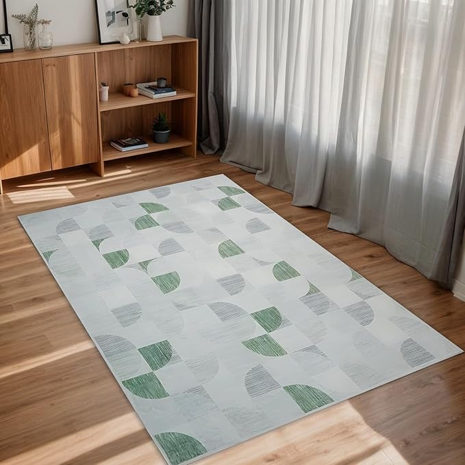 3x5 Rugs Machine Washable, Ultra-Thin Area Rugs for Bedroom Entryway Living Room Bedside Low-Pile, Boho Small Throw Floor Carpet Non Slip Soft Indoor Rug Modern Abstract Light Green