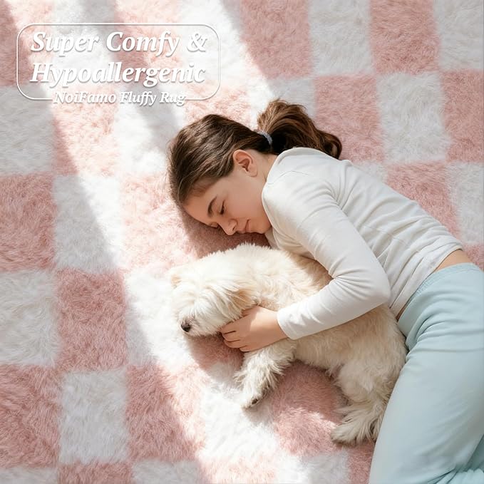 5x7 Area Rugs for Living Room Bedroom, Soft Fluffy Shaggy Bedside Rug, Indoor Floor Carpet for Kids Playroom, Dorms, Nursery Rooms, Home Decor (Pink & White 5'x7')