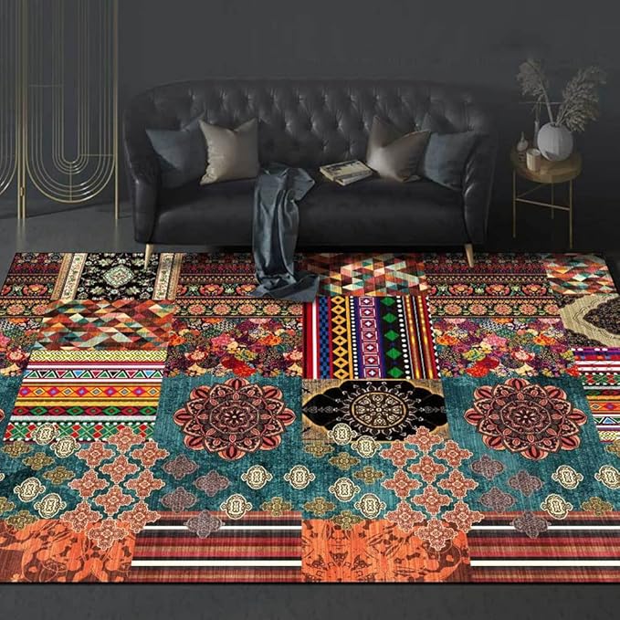 Vintage Boho Area Rugs Multicolor Ethnic Style Geometric Splicing Carpets Bedroom Living Room Kitchen Floor Mats Indoor Outdoor Non-Shedding Runner Rug Home Décor Carpet 5' X 9'