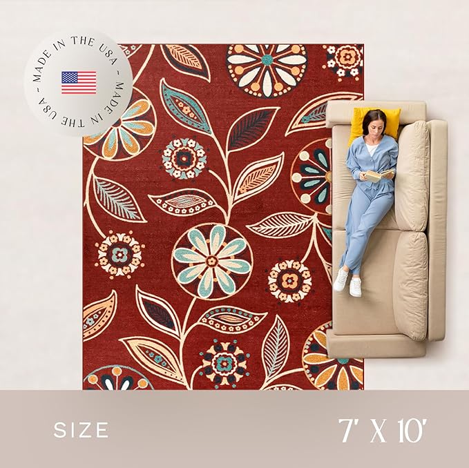 Maples Rugs Reggie Floral Area Rug - Made in USA - Low Pile, Non Slip, Pet-Friendly Mat for Living Room, Bedroom, and Office, 7' x 10', Merlot