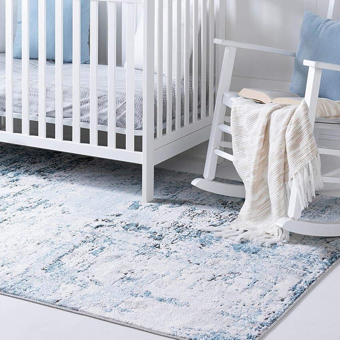 Rugs.com Leipzig Collection Area Rug – 8X10 Blue Low-Pile Rug Perfect for Living Rooms, Large Dining Rooms, Open Floorplans
