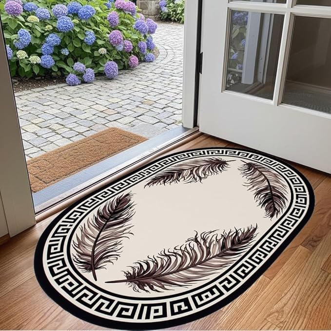 Light Beige Tan Black Greek Key Pattern Bordered Large Rugs for Living Room Bedroom Dining Room Machine Washable Non Skid Soft Area Rug 10x12 Nursery Dorm Guestroom Minimalist Oval Floor Mats Carpet