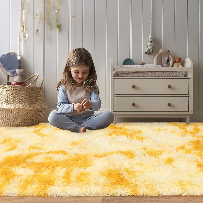 Soft Fluffy Area Rug for Bedroom, Fuzzy Shaggy Oval Throw Rugs for Bedside, Non-Slip Cozy Plush Shag Carpet for Kids Room Nursery Dorm Living Room, Tie Dye Yellow, 2.6 x 5.3 Feet, 2 Packs