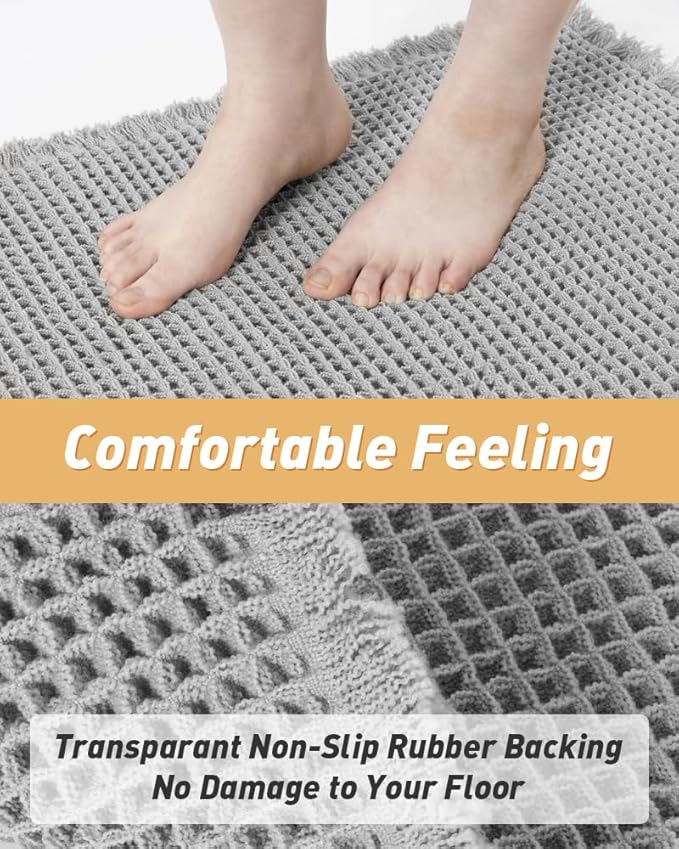 AMOAMI Upgraded Waffle Bath Mat, Super Absorbent Non Slip Bath Mats for Bathroom Floor, Machine Washable Bathroom Rugs with Tassels, Rubber Backed Bathroom Mats, Ultra Soft, 18" x 30", Grey