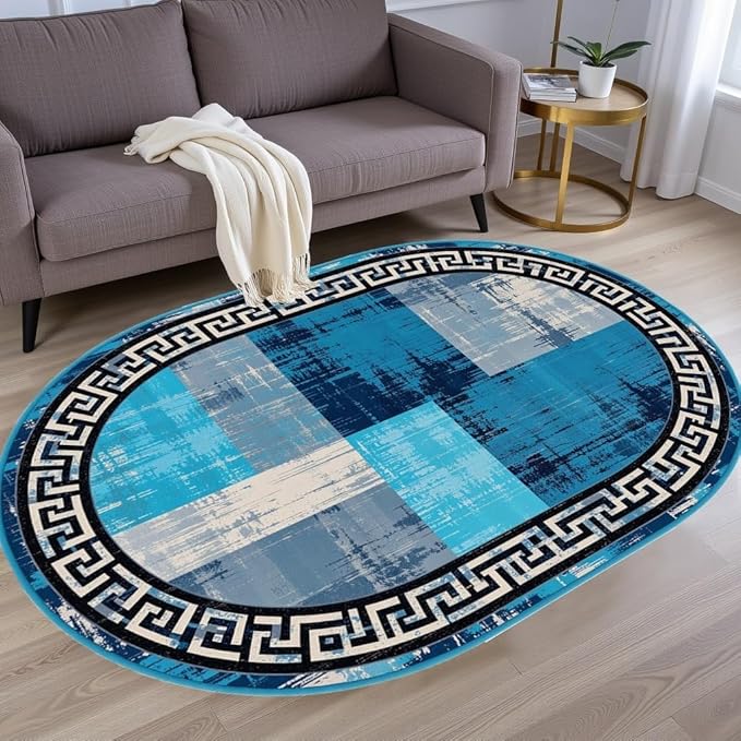 Blue Grey Black Greek Key Pattern Bordered Design Large Carpet for Living Room Bedroom Dining Room Soft Non Slip Low Pile Area Rug 5x8 Farmhouse Doormats Vintage Distressed Home Office Oval Rugs