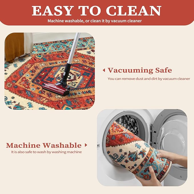 SERISSA Washable Rugs 6x9 Boho Area Rugs, Large Non-Slip Living Room Rug, Ultra Soft Vintage Oriental Tribal Farmhouse Orange Carpet for Dining Room Bedroom Dorm Office Home Decor