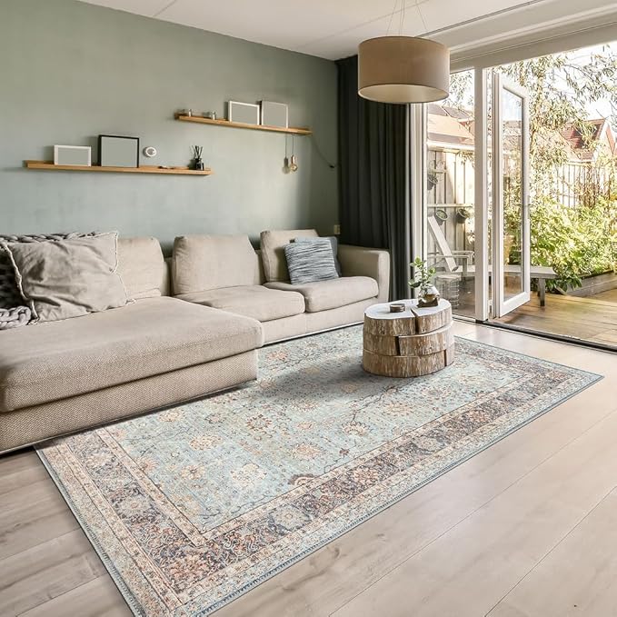 GLN Rugs Traditional Collection - Machine Washable Area Rug, Traditional Washable, Non Slip, Low Pile Chenille Rug, Living Room, Bedroom, Kitchen Rug (3' x 5' Light Blue)