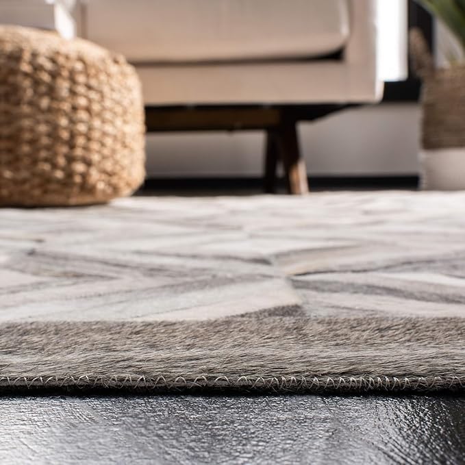 Premium Diamond Pattern Leather Area Rug, Geometric Cowhide Patchwork Carpet - 2X3 ft, Luxury Beige and Grey Non-Slip Floor Accent for Dining Room, Living Room, Hallway