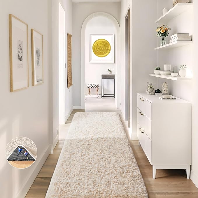 Ophanie Runner Rug for Hallway, 2x6 Upgrade Non-Slip Fluffy Soft Bedside Rugs, Bedroom Living Room Ivory Shaggy Carpet for Kids Girls Boys Dorm Nursery Home Decor Aesthetic