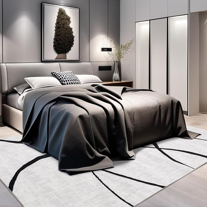 YIHOUSE 6'x9' Black and White Rug- Washable Area Rug for Living Room Bedroom, Large Modern Non-Slip Ultra-Thin Rug Home Decor,Curve,6x9ft