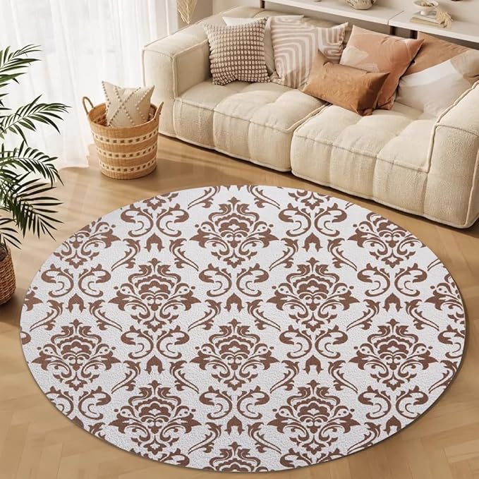 Oriental Tribal Floral Round Rug Vintage Brown Pattern Area Rug Washable Soft Non-Slip Floor Carpet Low Pile Accent Rugs for Entryway Living Room Dining Room Bedroom Home Office 5ft