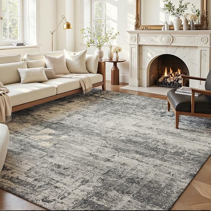 Area Rug 9x12 Washable Rug Black for Living Room, Dining Room, Bedroom, Large Carpets, Non Slip & Non-Shedding Low Pile Vintage Print Rug for Home Office Decor