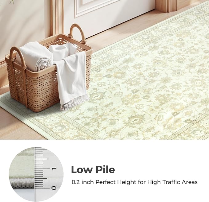 LIVEBOX Washable Area Rug 8x10 - Large Beige Boho Living Room Rug Vintage Rugs for Bedroom, Non-Slip Retro Floral Carpet Print Distressed Accent Rugs for Dining Room Home Office