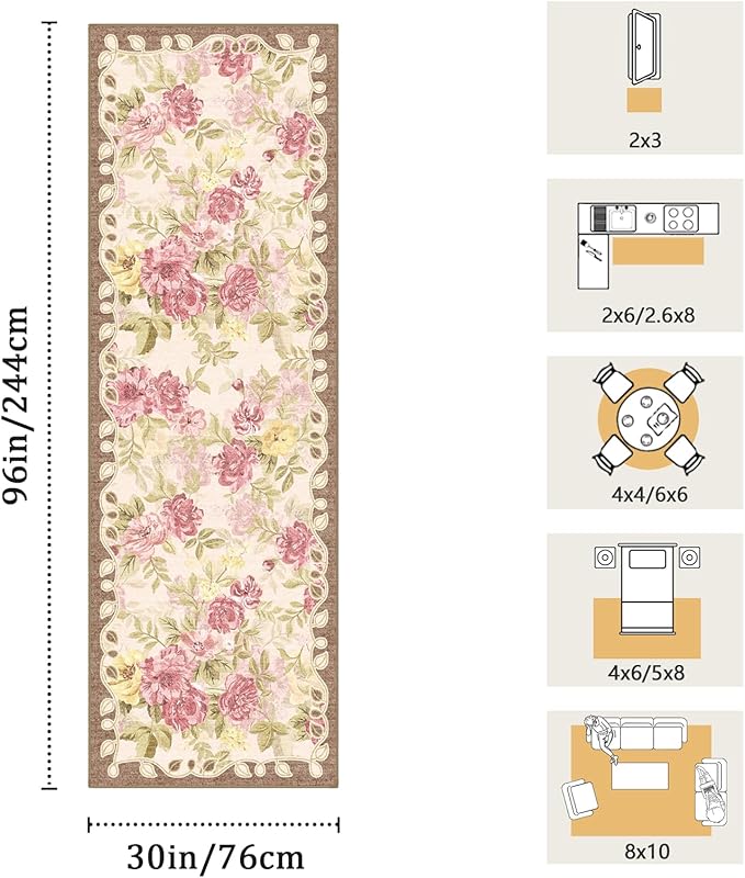 2'6''x8' Machine Washable Runner Rug, Kitchen Hallway Area Rug Pink Vintage Boho Floral Ultra Non-Slip Low Pile Soft Faux Wool Carpet, Kids and Pets Friendly for Bedroom Entryway Nursery Decor Rug
