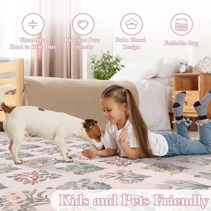 Wonnitar Pink Rugs for Bedroom Girls Nursery, Floral Print 5x7 Washable Rug, Boho Ultra-Thin Non Slip Soft Cozy Carpet for Room Decor Kids Playroom Office Living Room, Pale Pink