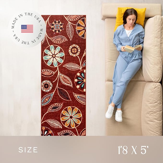 Maples Rugs Reggie Floral Runner Rug - Made in USA - Washable, Non Slip Indoor Carpet for Kitchen, Hallway, and Laundry Room, 1'8 x 5, Merlot