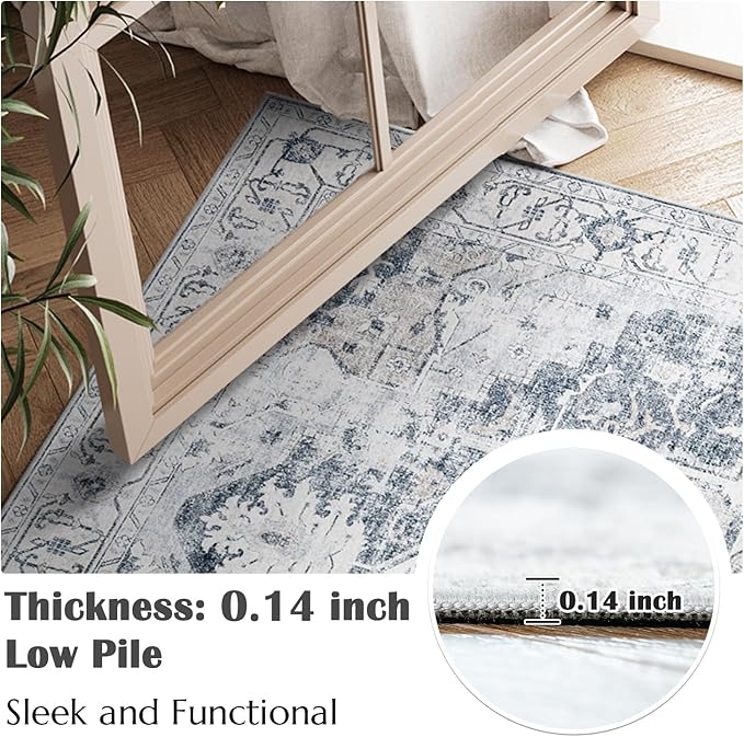 jinchan Kelda Runner Rug 2x5 Hallway Rug Kitchen Washable Runner Vintage Mat Retro Print Lightweight Non-Slip Accent Floor Cover Distressed Thin Carpet for Entryway Bathroom Bedroom Laundry Room Grey
