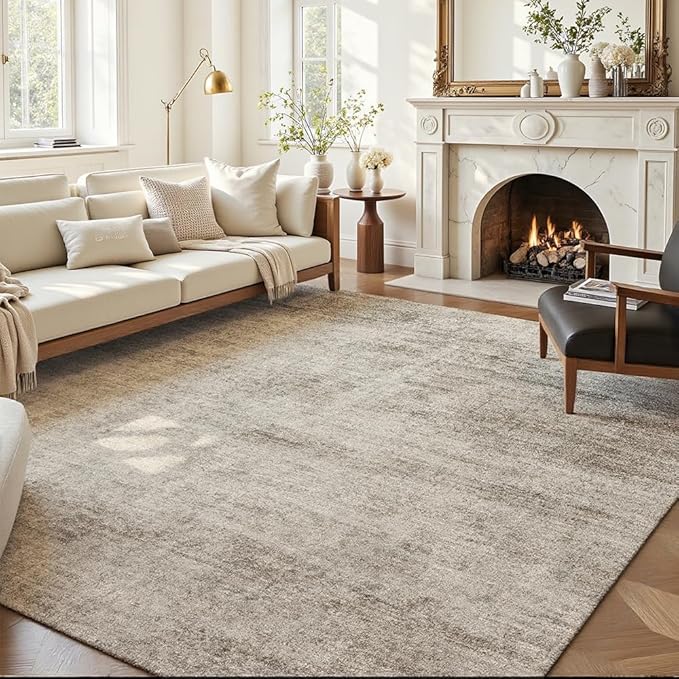 Area Rug 9x12 Washable Rug Beige for Living Room, Dining Room, Bedroom, Large Carpets, Non Slip & Non-Shedding Low Pile Vintage Print Rug for Home Office Decor