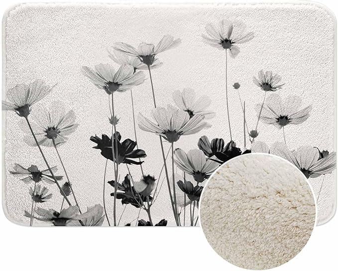 Cosmos Flowers Bathroom Mat Rugs Black and White Pattern Microfiber Faux Cashmere Thick Plush Bath Mat Non-Slip Water Absorbent Bath Carpet for Bathtub Bathroom Floor Tub 16X24 Inch