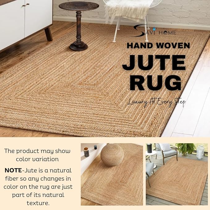 Hand Woven Farmhouse Jute Area Rug 6x9 Ft Rectuangle Natural Yarn, Rustic Vintage Beige Braided Reversible Rug, Eco Friendly Rugs for Bedroom, Kitchen, Living Room, Farmhouse 100% Jute Rug - Natural