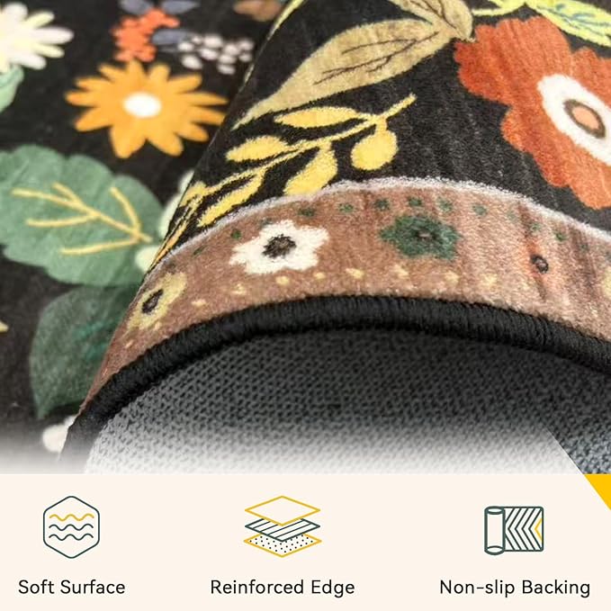 Floral 9x12 Area Rug Machine Washable Soft Print Boho Carpet Non Slip Doormat Low Pile Flower Area Rugs for Living Room Bedroom Nursery Kitchen Dining Room Indoor-Black/Yellow/Red