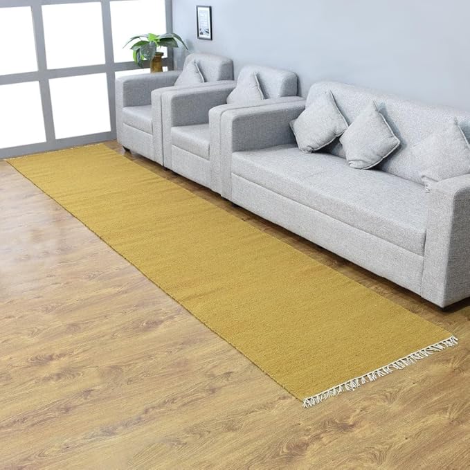 Rugsotic Carpets Hand Woven Flat Weave Kilim Wool ECO-Friendly Area Rugs - 2'6''x6', Runner Shape, Gold Color, Solid Plain Design, Low Pile Handmade Area Rugs for Living Room, Bed Room (D00111)