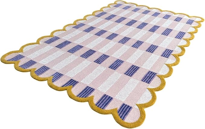 Hand-Tufted Wool Rug with Scalloped Edges, Light Blue Plaid Pattern, Cozy Soft Area Rug for Living Room, Bedroom, and Nursery, Handmade Modern Accent Rug (Pink, 3X5 FEET)