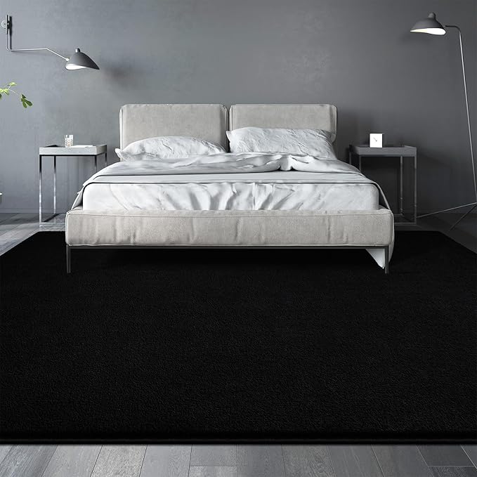 Large Area Rugs for Living Room Bedroom, 7x10 Feet Black Rug, Minimalist Modern Shag Rug, Soft Thick Comfy Memory Foam Indoor Carpet, Non-Slip Washable Rug for Boys Girls Dorm Nursery Room Home Decor
