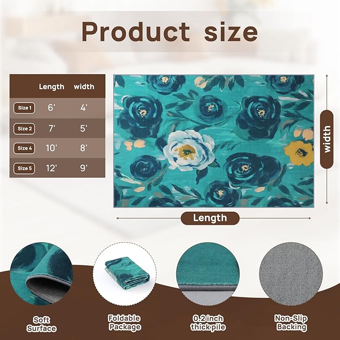 6x9 Camellia Floral Rugs, Modern Washable Flower Pattern Area Rug for Bedroom, Soft Large Non-Slip Kitchen Carpet Floor Door Mat for Living Room Dining Room Office - Teal
