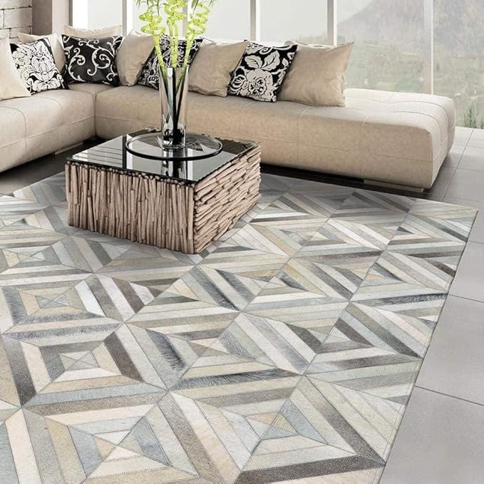 Premium Diamond, Patterned Leather Area Rug, Luxury Non Slip Floor Accent for Dining Room, Leather Area Rug for Living Room, Elegant Collection Indoor Carpet, Color: Grey, Size: 2X2 ft