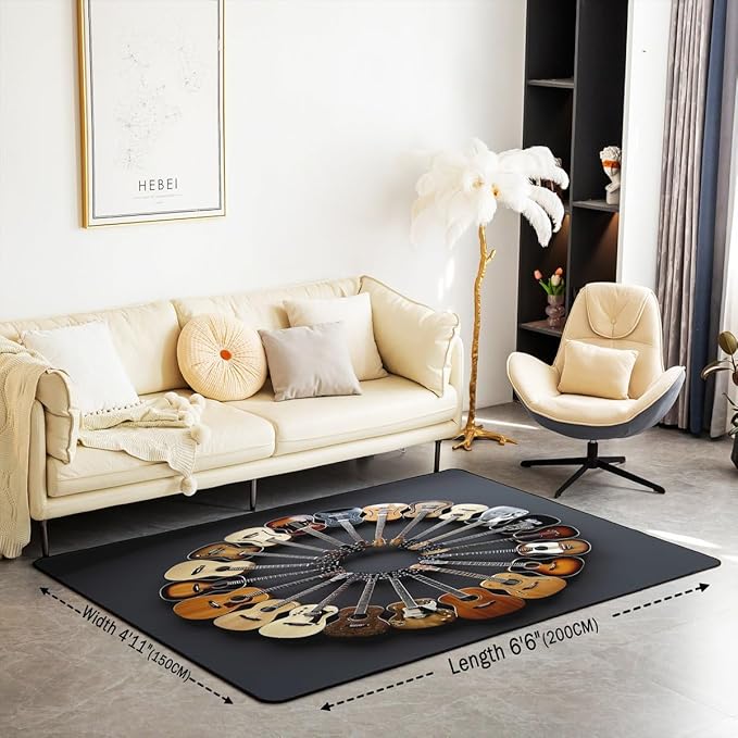 Round Guitar Large Area Rug 5x7 Musical Instruments Living Room Rug | Music Notes Modern Rock Rugs for Bedroom, Grunge Hip Hop Carpet Indoor Floor Mat