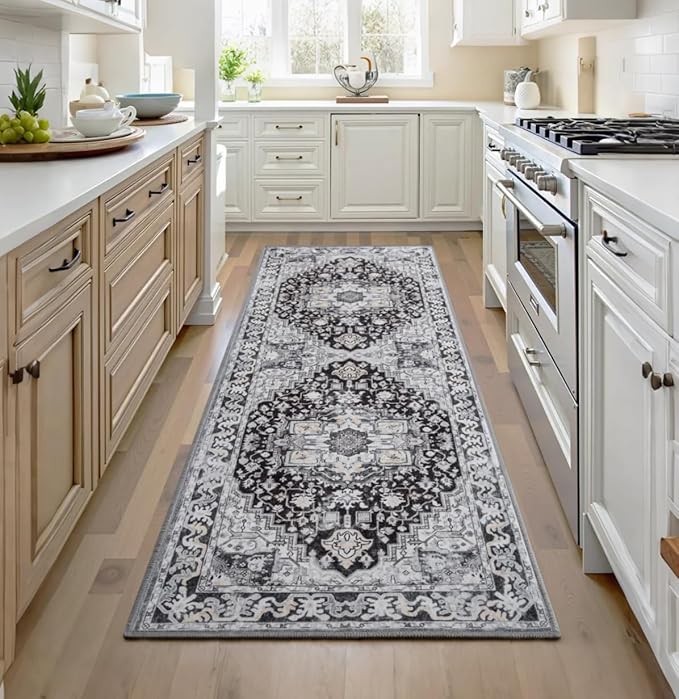 Runner Rug 2×6, Machine Washable Vintage Non-Slip Area Rug, Low Pile, Decorative Carpet Printed Floral Rugs for Living Room, Entryway, Kitchen, Bedroom, Black