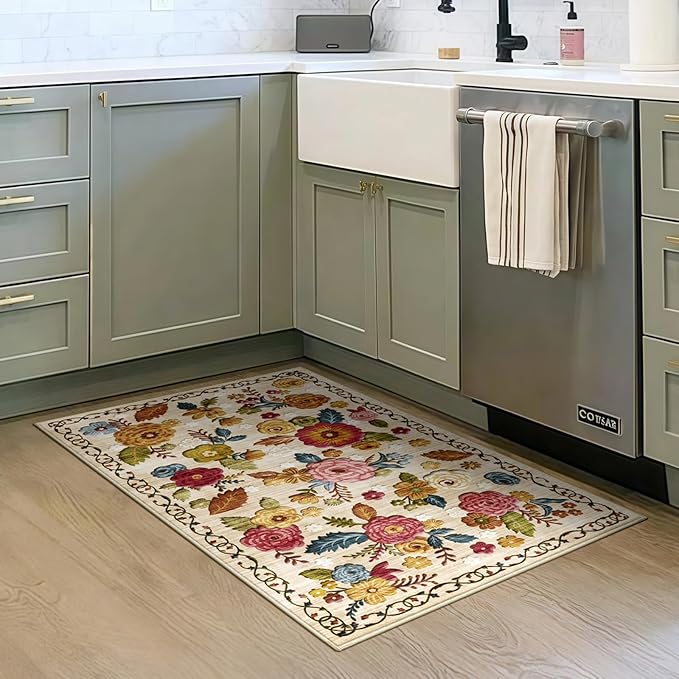 2x3 Machine Washable Area Rug for Entryway, Beige Vintage Boho Floral Rug Non-Slip Low Pile Soft Faux Wool Small Carpet, Kids and Pets Friendly for Bedroom Kitchen Hallway Bedside Home Decor Rug