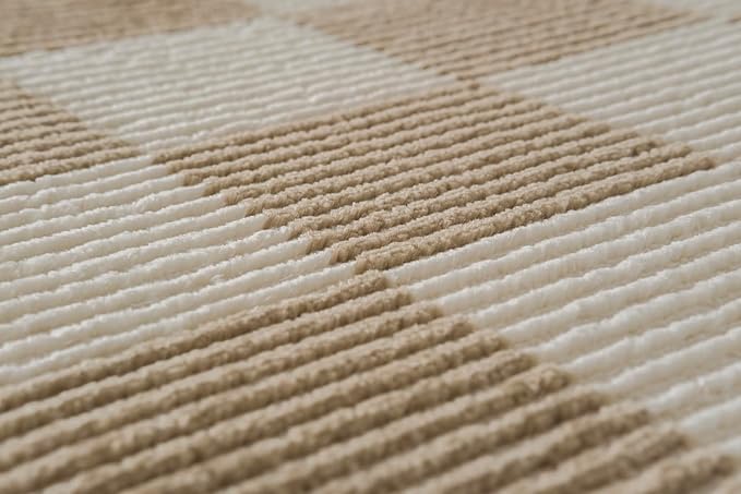Revival Rugs Gambit 6'7"x9' Checkered Rug Washable Area Rug for Living Room Bedroom - 100% Recycled Oeko-TEX Certified, Medium Pile, Camel, Beige