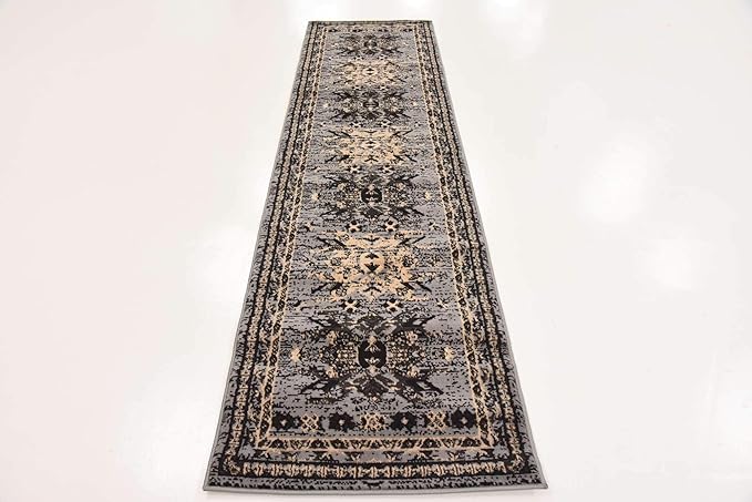Unique Loom Taftan Collection Border Geometric Tribal Inspired Design Area Rug (2' 2 x 8' 2 Runner, Gray/ Black)