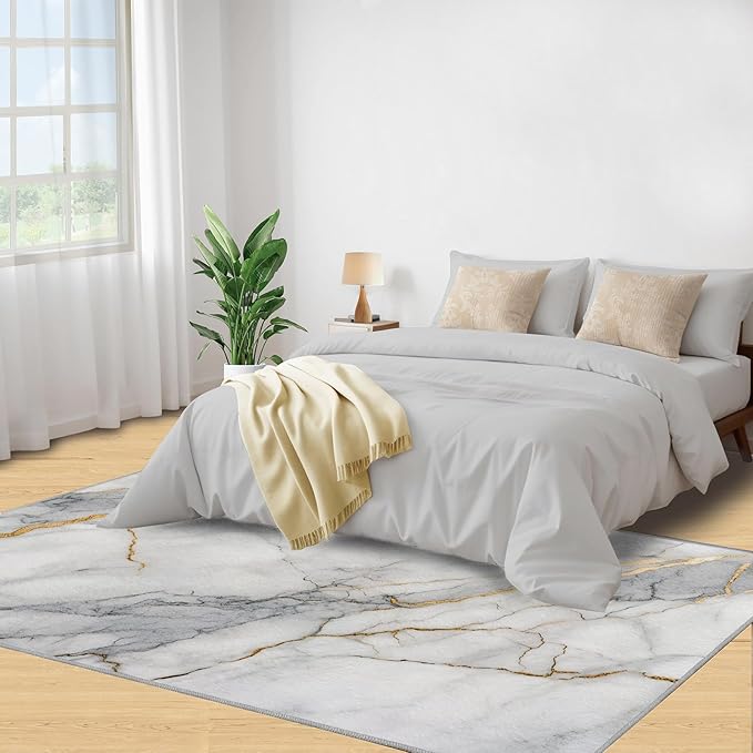 3x6 Abstract Marble Bedroom Rug Under Bed - White-Marble Kids Room Rugs, Modern Luxury Bedroom Runner Rug Soft Washable for Living Room Kitchen