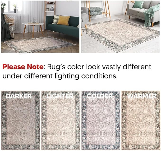 Keen Home Design 6x9 Rug - Machine Washable Area Rug with Non-Slip Backing, Ideal for Living Room, Dining Room, Bedroom - Vintage, Easy Clean, Durable, Low Pile - (6' x 9')
