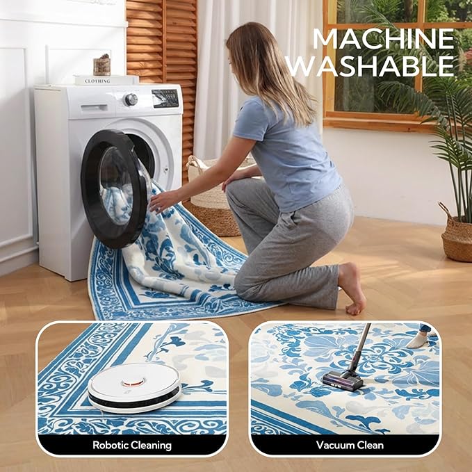 SOULFUL Medium Pile 3x5 Area Rug - Soft Foot Feel Small Entryway Rug - Blue Boho Floral - Washable Non-Slip - Perfect for Living Room Bedroom Foot Kids Room Reading Nook
