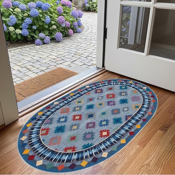 Funky Vintage Blue Red Orange Geometric Texture Indoor Area Rug for Living Room Bedroo Dining Room Faux Wool Soft Low Pile Oval Rugs 2x3 Entrance Nursery Farmhouse Rustic Country Home Office Carpet