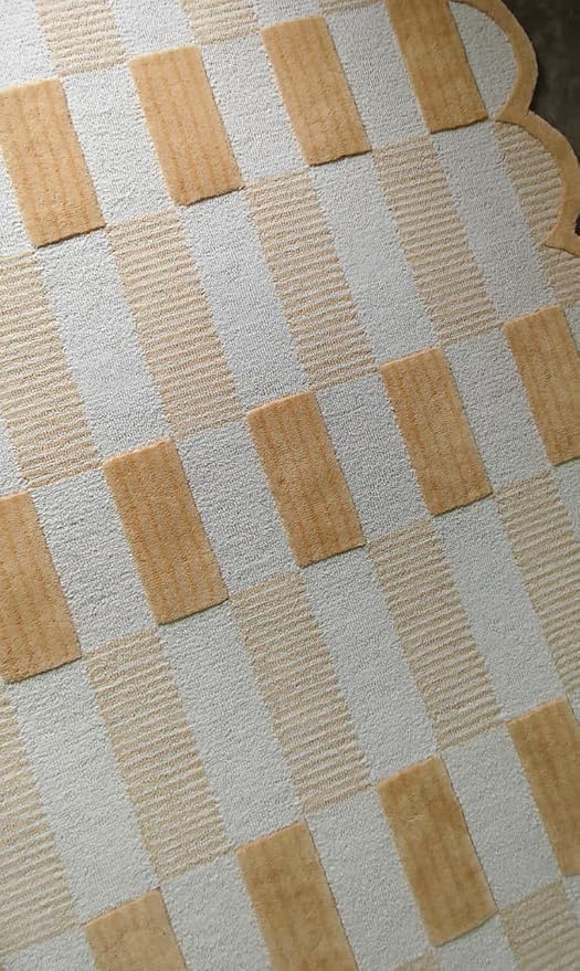 Handmade Scalloped Wool Area Rug - Modern Geometric Pattern, Green-Beige Stripes, Checkered Chevron Design - Soft, Durable Thick Carpet for Living Room, Bedroom (Neutral Beige, 4' x 6')
