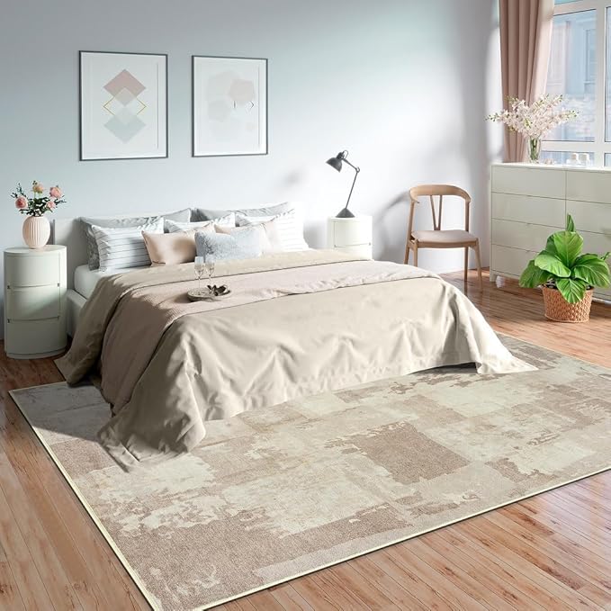 GLN Rugs Contemporary Collection - Machine Washable Area Rug, Contemporary Washable, Non Slip, Low Pile Chenille Rug, Living Room, Bedroom, Kitchen Rug (4' x 6' Abstract Tan)